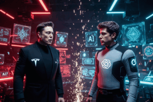 Elon Musk and Sam Altman in futuristic AI courtroom showdown representing OpenAI lawsuit, artificial intelligence governance, and tech industry rivalry.