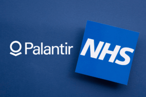 Palantir and NHS logos illustrating concerns over patient data privacy, NHS digital infrastructure, and healthcare technology governance.