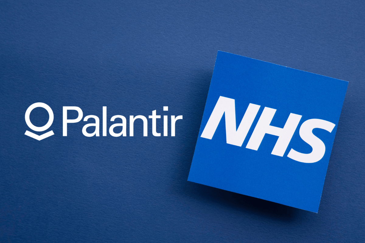 Palantir and NHS logos illustrating concerns over patient data privacy, NHS digital infrastructure, and healthcare technology governance.
