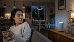 Woman looks uneasily at a glowing smart speaker in her home as blue sound waves suggest the device is listening.
