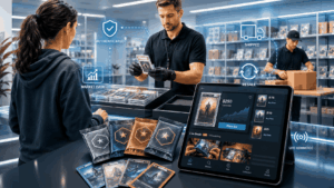 Image of a collectibles marketplace with graded trading cards, digital resale tools, live commerce, shipping, and authentication.