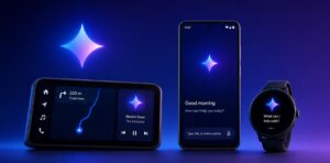 Connected devices, including a car display, smartphone, and smartwatch, showing AI-style interfaces on a blue and purple background.