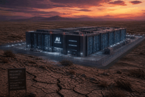 Massive AI data center surrounded by cracked desert land at sunset, highlighting the environmental impact, energy demands, and infrastructure strain caused by artificial intelligence expansion.