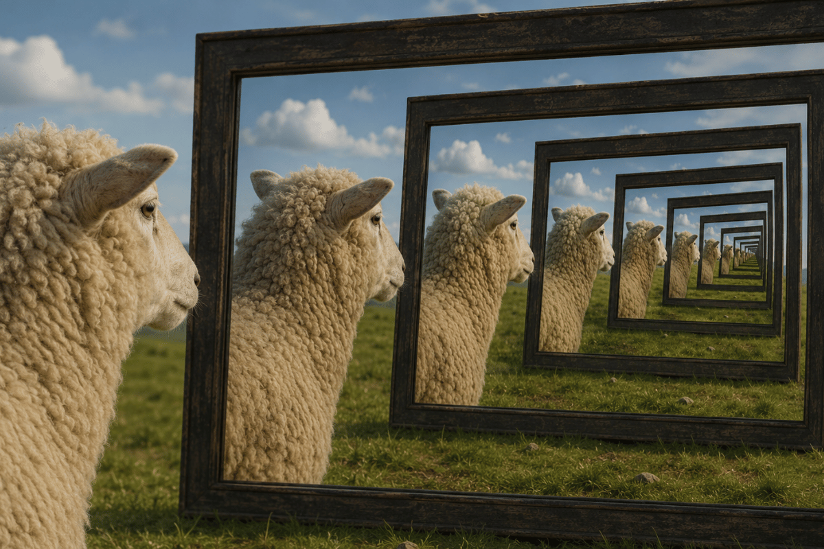 A sheep staring at another sheep staring at another sheep staring at another sheep in an infinite loop. AI's Copy-of-a-Copy Problem Is Model Collapse Actually Happening