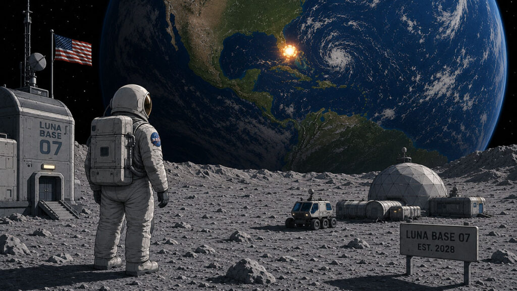 Cartoon of an astronaut standing on the Moon, watching an explosion at Cape Canaveral.