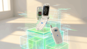Commodore Callback 8020 flip phones displayed on glowing digital blocks