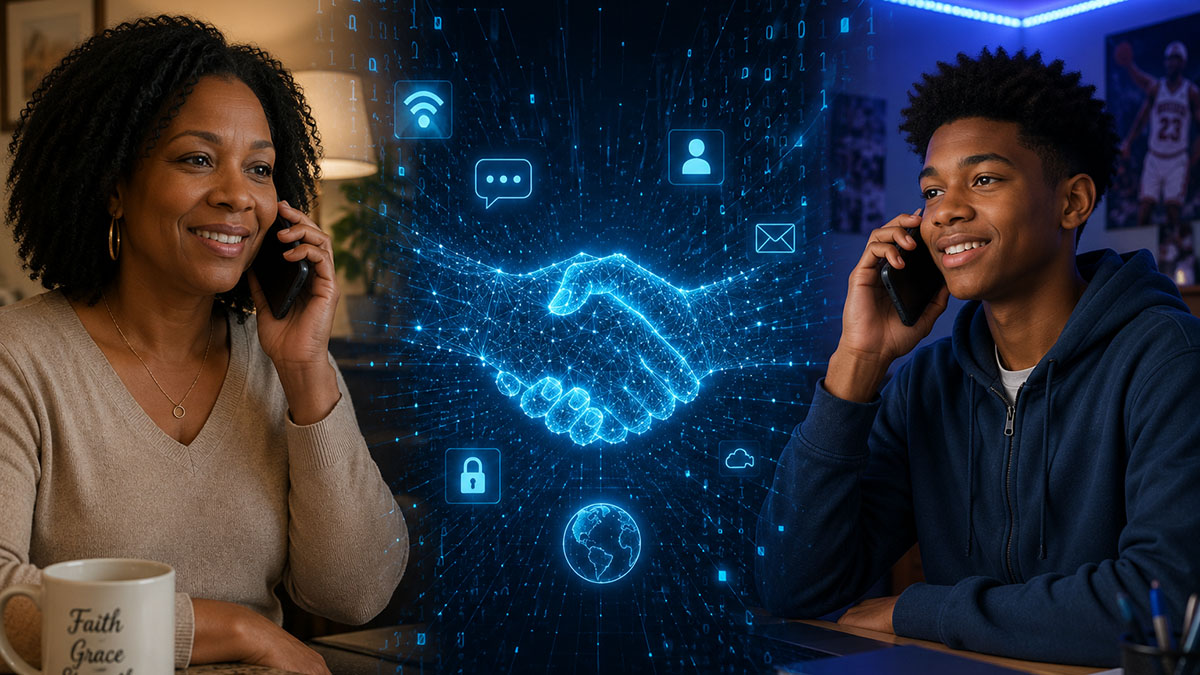A woman and her teenage son talk on the phone while a digital handshake verifies their identities to one another behind the scenes.