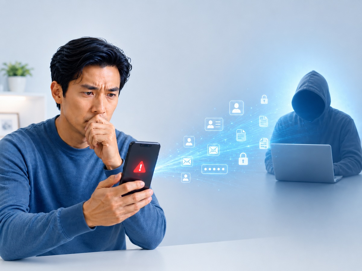 Worried man looking at a phone as personal data icons flow toward a hooded hacker with a laptop.