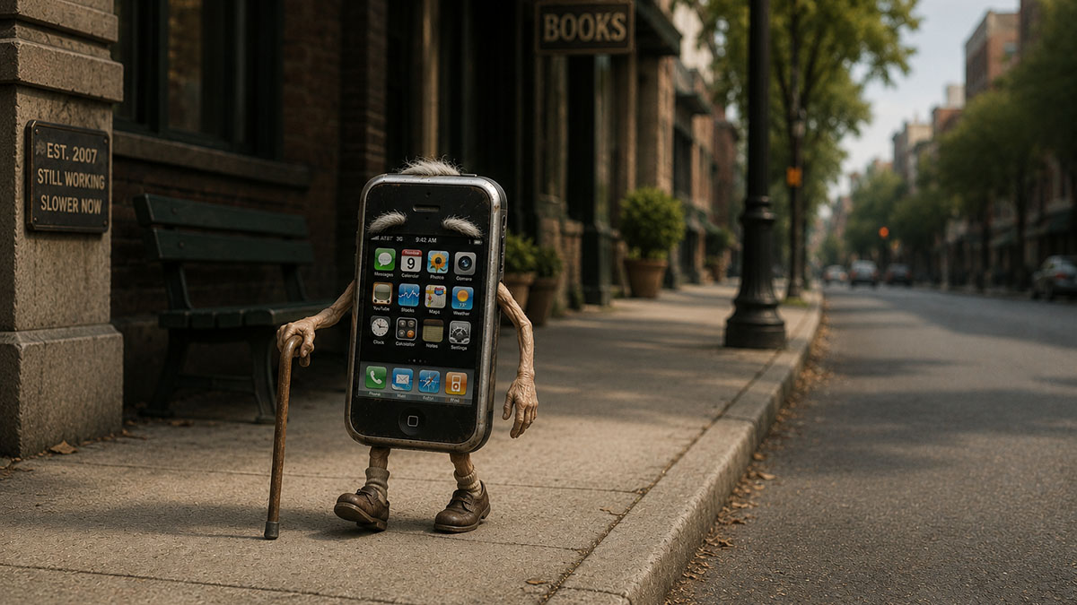 A geriatric iPhone walks down the street with its cane.