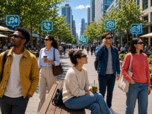 People wearing generic smart glasses use everyday features like music, calls, translation, photos, and maps on a busy city street.