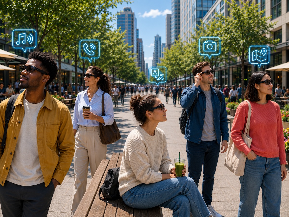 People wearing generic smart glasses use everyday features like music, calls, translation, photos, and maps on a busy city street.