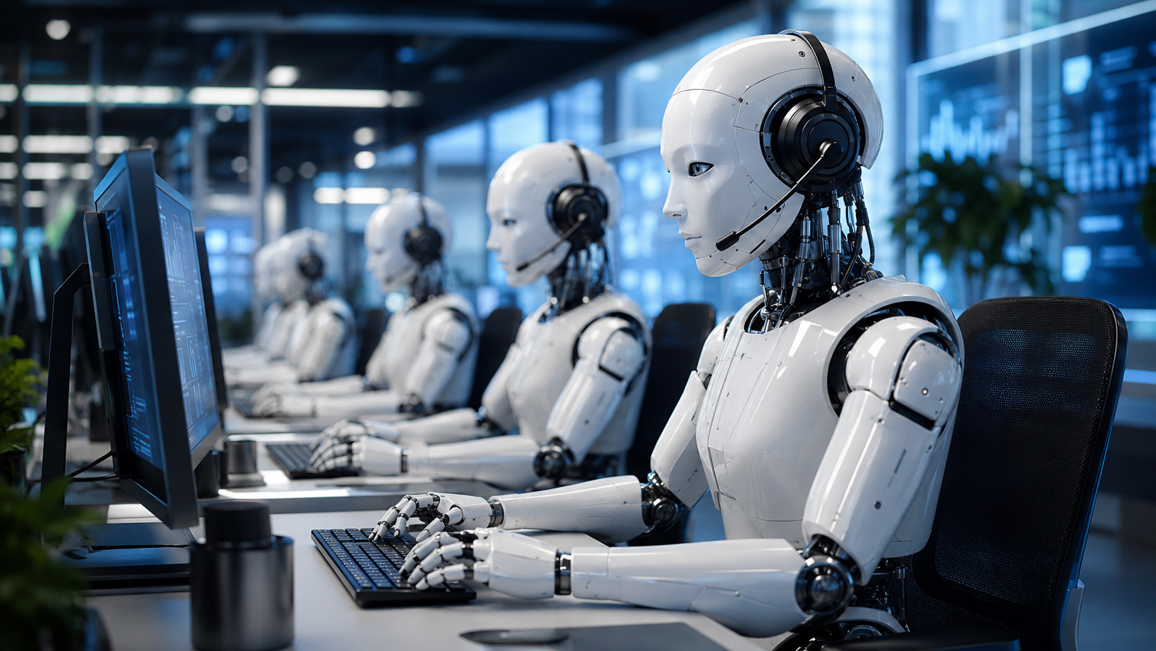 A line of robots in a call centre taking calls and moderating