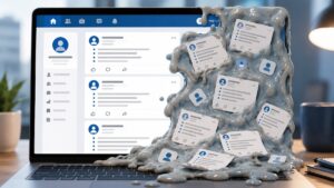 Gray slop filled with repetitive posts spills across a laptop displaying a generic professional networking feed.