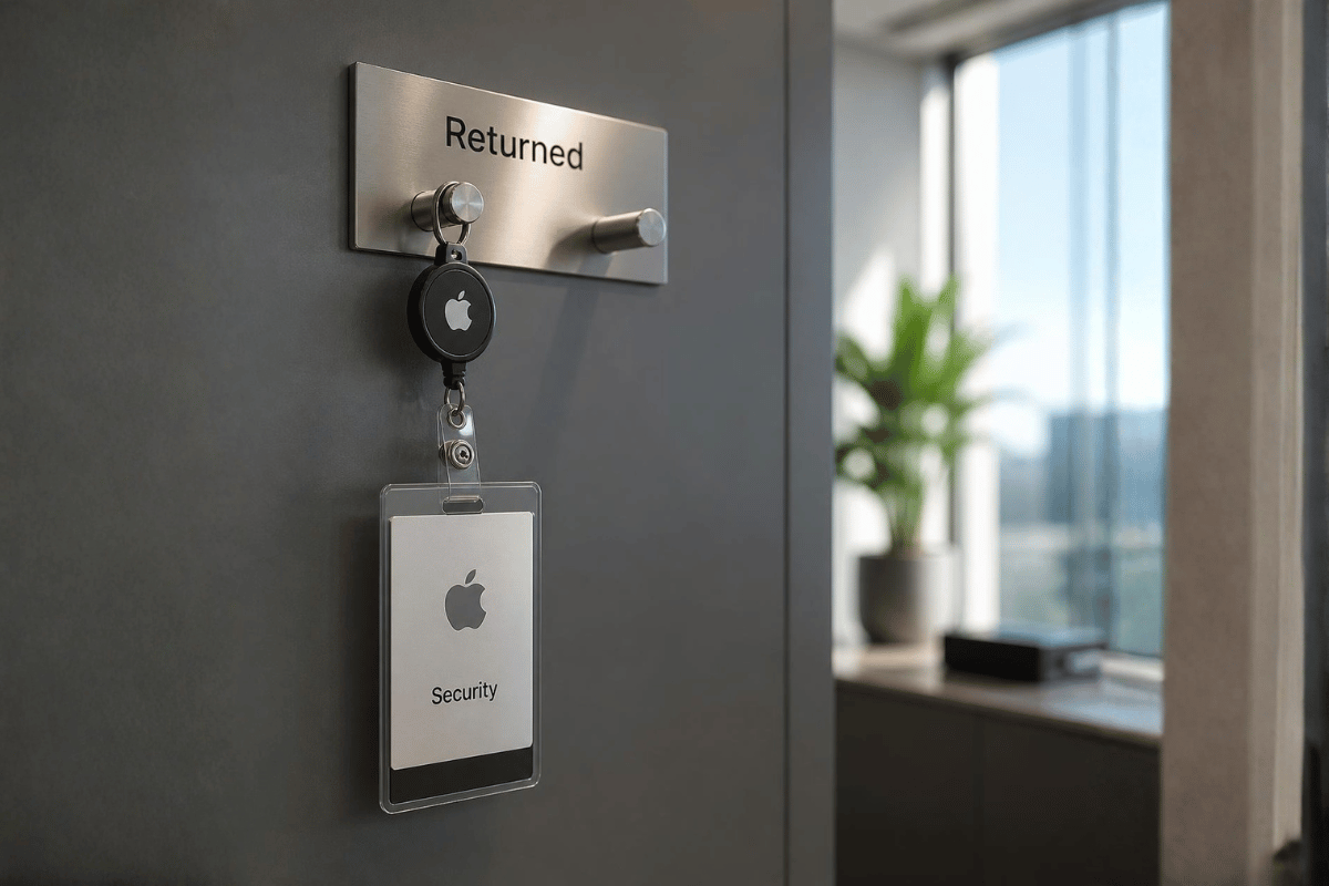 An Apple-branded security badge hangs from a hook labelled "Returned" on an office wall, with an adjacent empty hook suggesting a missing access card. Apple Sues OpenAI Over Trade Secrets, Including an Engineer Who Allegedly Never Logged Out.
