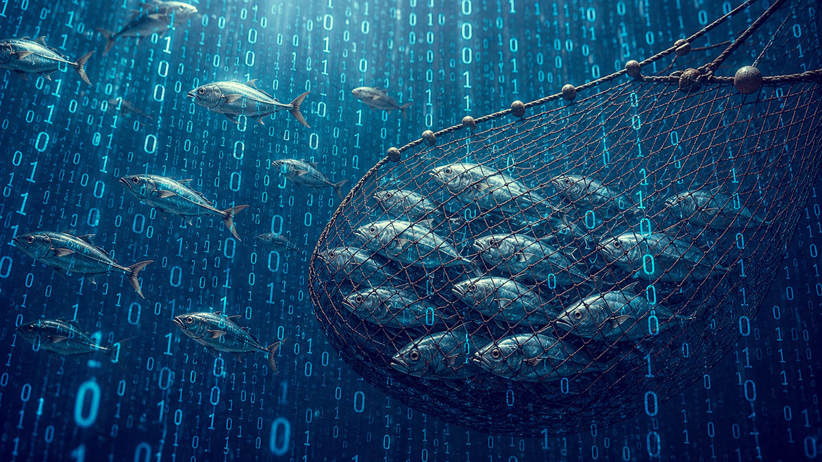 Fish getting caught in a net in an ocean of binary data.