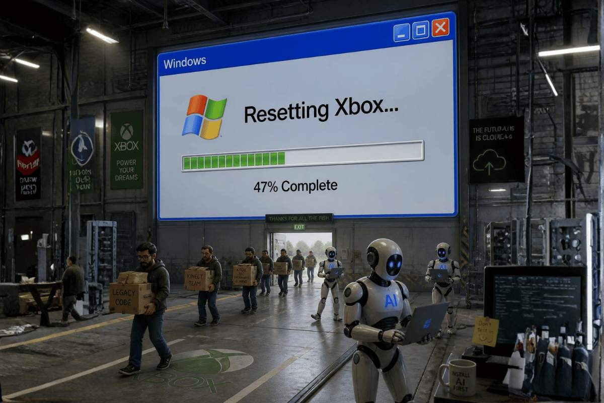 AI-generated illustration showing Microsoft resetting Xbox with developers leaving an office carrying boxes while AI robots replace workers, symbolising Xbox layoffs, id Software job cuts and the rise of AI.