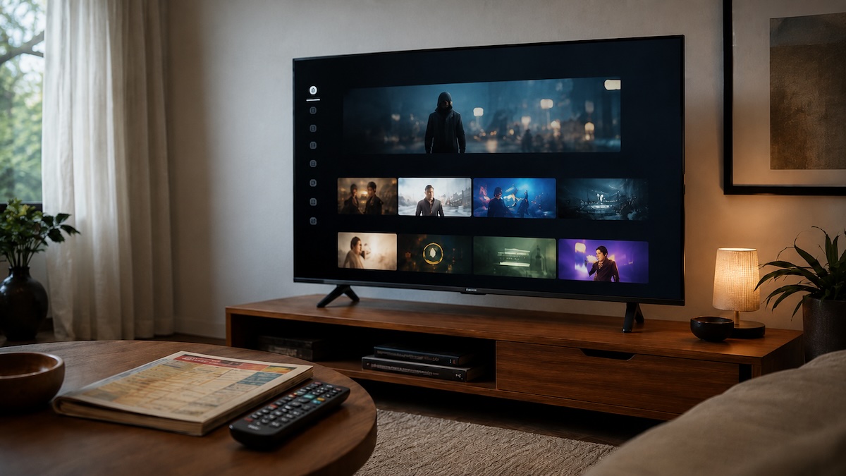 Modern smart TV displaying a streaming interface beside a printed TV guide and remote in a cozy living room.