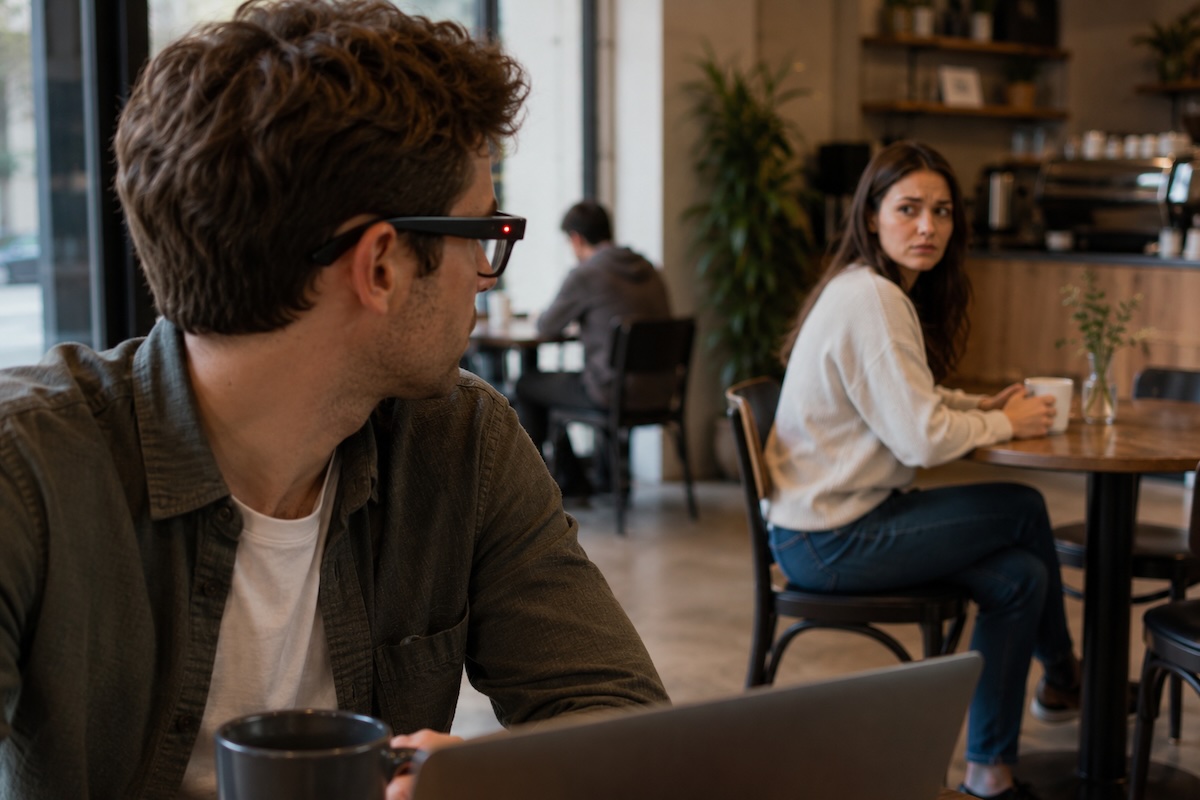 A man wearing smart glasses with a small recording light sits at one café table while a woman at another table looks at him uneasily.