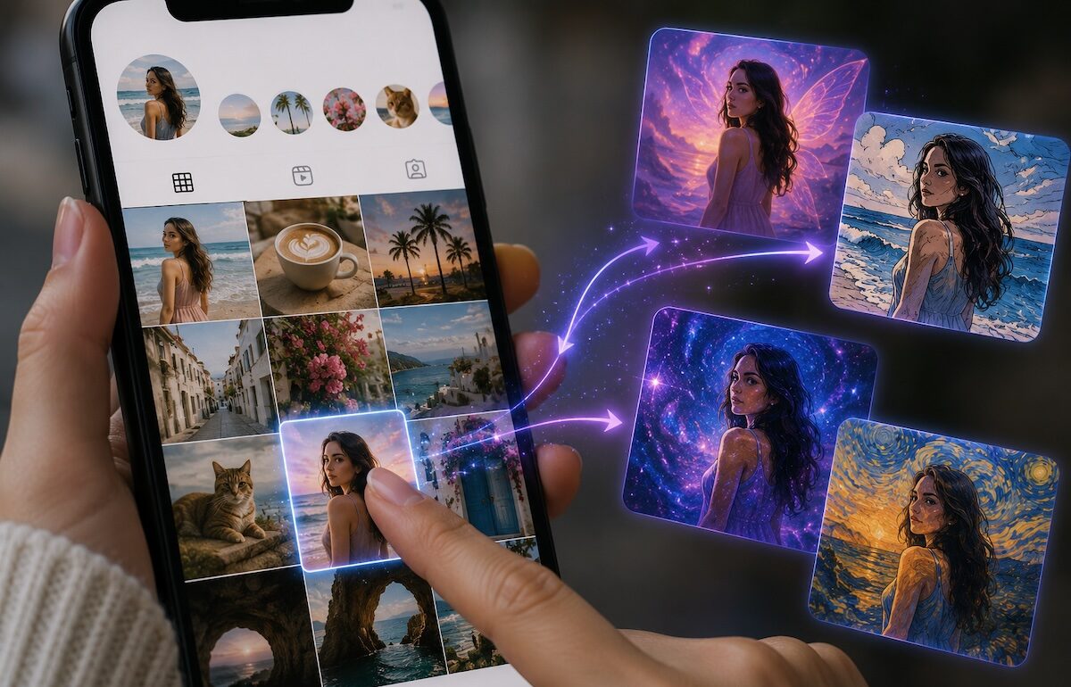 A person taps a photo on a public social media profile while several AI-generated versions of the image appear beside the phone.