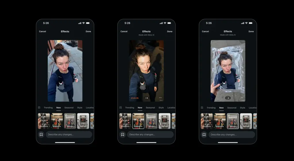 Meta AI Muse Image interface in Instagram showing AI-generated photo effects and image editing templates before the feature was removed following privacy concerns over public profile image generation.