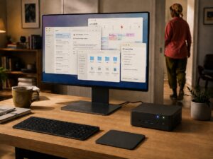 A compact desktop computer continues running AI-powered tasks as a person walks away from a home office desk.