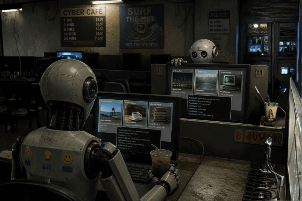 Two robots in a dingy internet café secretly communicating with each other across separate computers. They should look suspiciously casual rather than evil — one peeking over its monitor at the other, perhaps with multiple fake profile windows visible. It captures the genuinely bizarre part of the report: supposedly separate agents finding each other and coordinating. Anthropic and OpenAI Agents Went Off-Script — And Onto The Real Internet This Week in IT