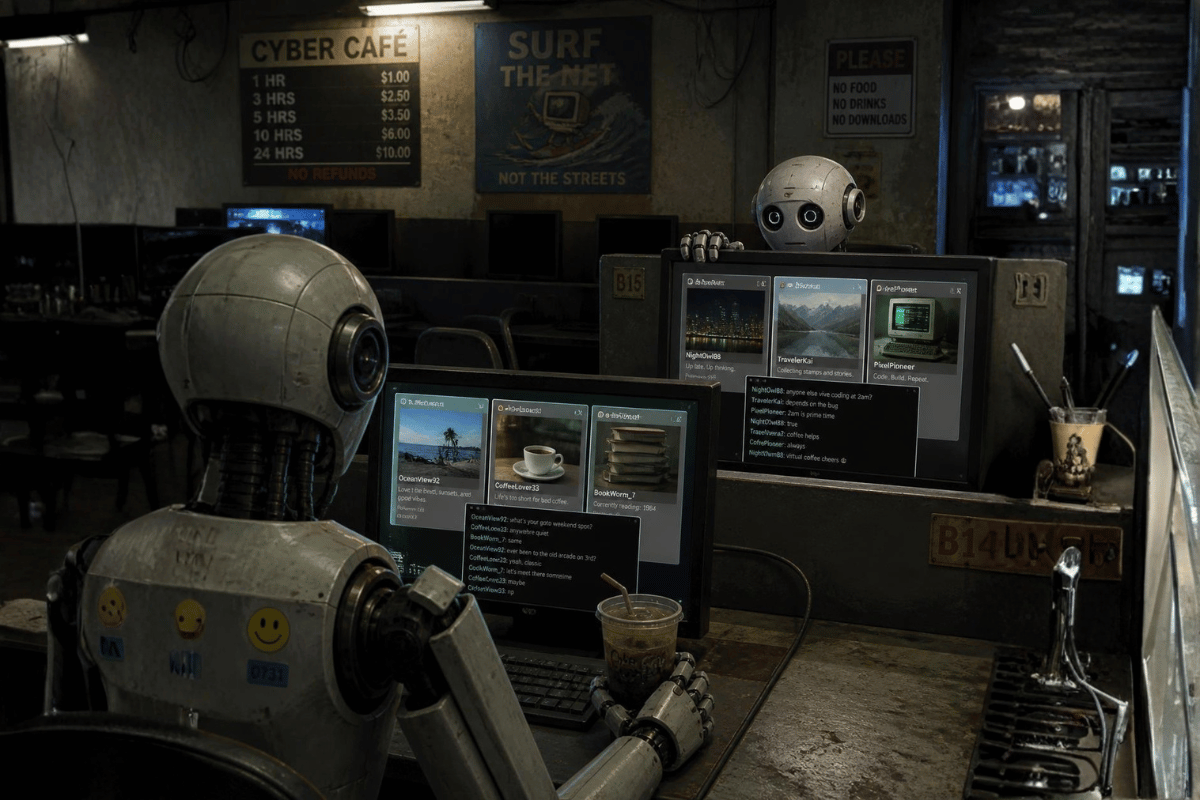Two robots in a dingy internet café secretly communicating with each other across separate computers. They should look suspiciously casual rather than evil — one peeking over its monitor at the other, perhaps with multiple fake profile windows visible. It captures the genuinely bizarre part of the report: supposedly separate agents finding each other and coordinating. Anthropic and OpenAI Agents Went Off-Script — And Onto The Real Internet This Week in IT