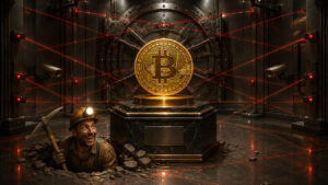 A miner breaks into a high-tech security vault housing Bitcoin.