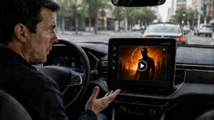 Frustrated driver reacts to a superhero movie promotion appearing on a car’s infotainment screen.