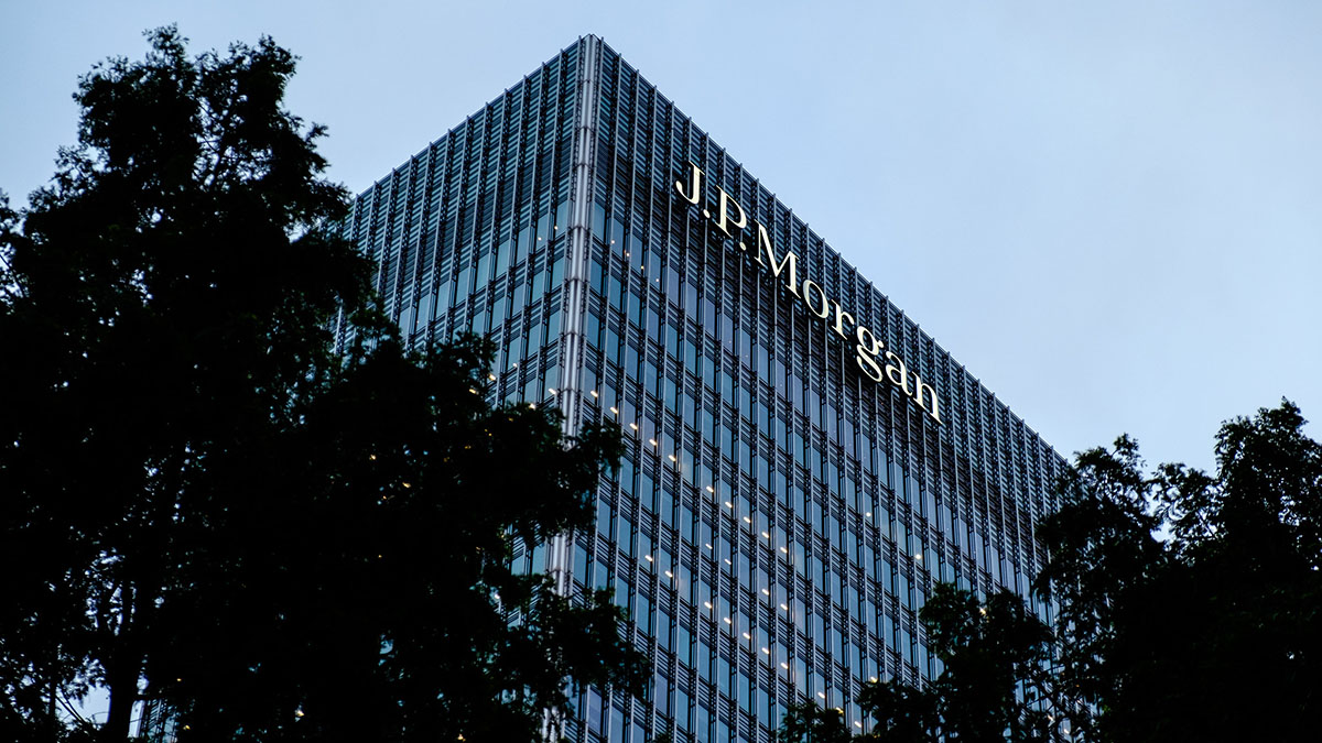 JP Morgan signage atop an office building.