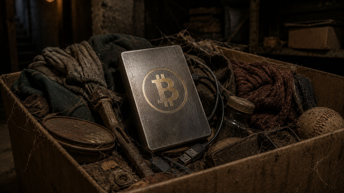 A Bitcoin hard drive lost amid other junk in a box in a basement.