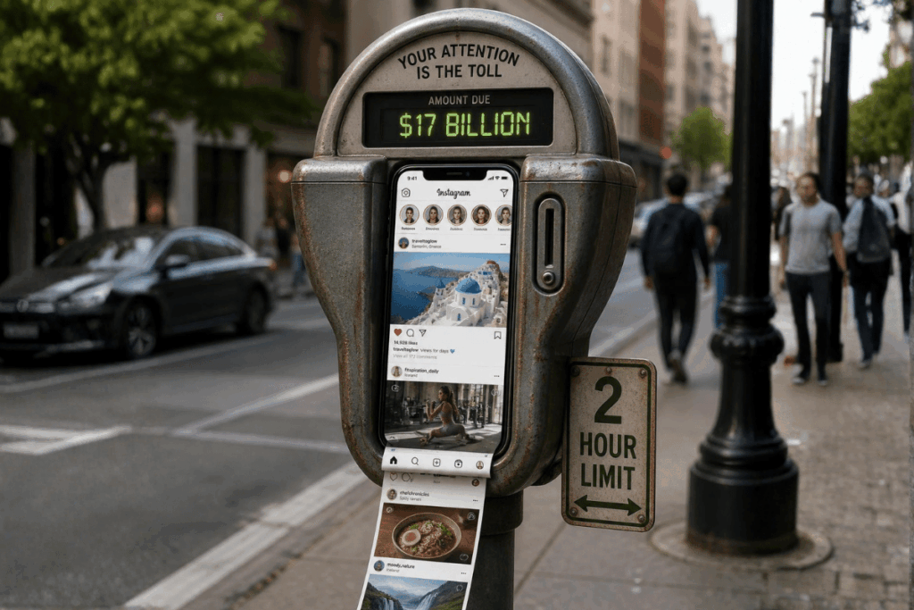 Meta $17 billion child safety settlement illustrated by an Instagram feed inside a parking meter with two-hour limit.