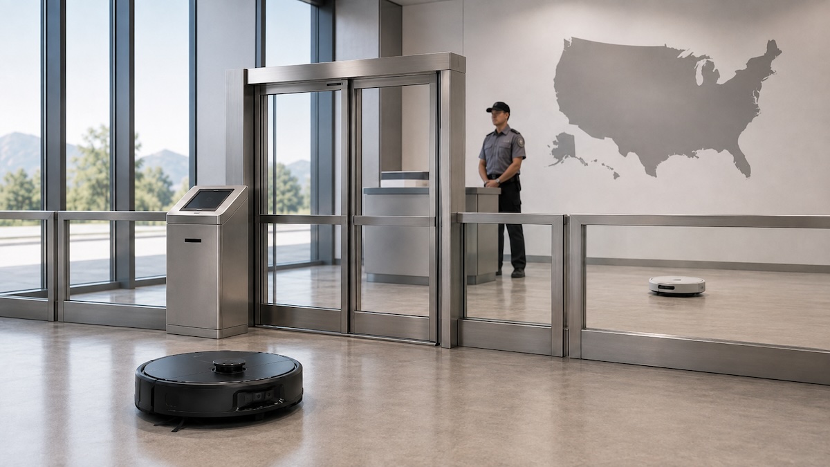 A black robot vacuum sits outside a security checkpoint while a guard, U.S. map, and older vacuum appear beyond the barrier.