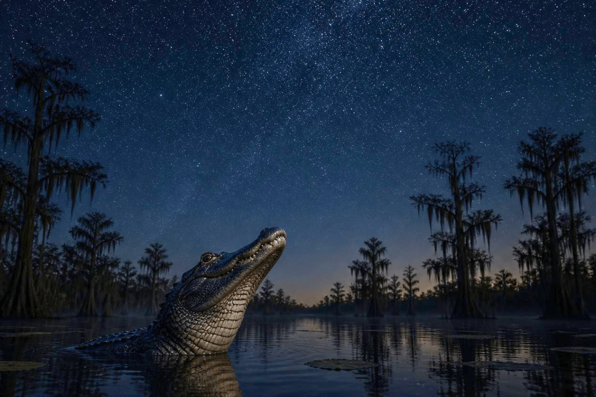 Alligator looking at a star-filled sky over a Louisiana swamp, representing SpaceX’s planned $100 billion Starbase Louisiana launch complex. SpaceX’s $100bn Louisiana Starbase Is Ready for Lift-Off This Week in IT