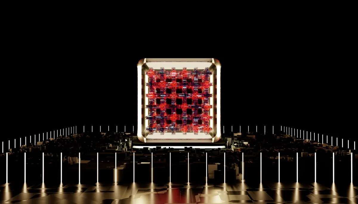 A glowing processor cube on a circuit board, representing quantum computing.