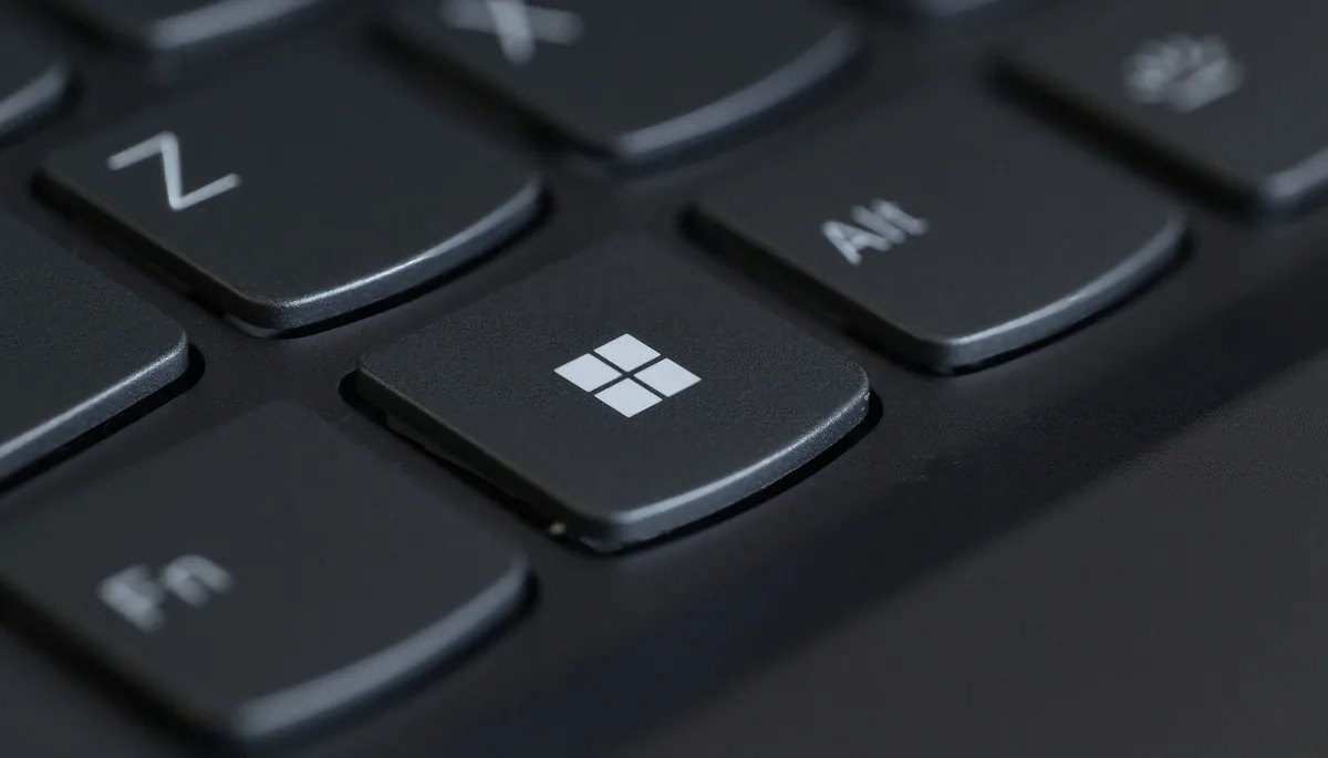 Close-up of a laptop keyboard with the Windows key in focus.